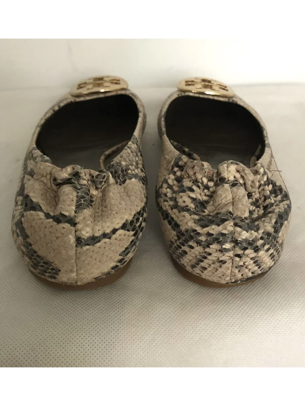 Tory Burch Minnie Travel Flats Snake Print Leather Gold Logo Size 8 - 8.5 EUC